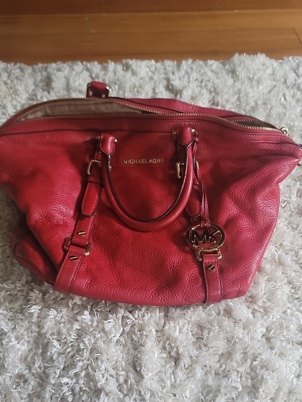 Michael Kors Red Pebbled Leather Satchel with Gold Hardware
